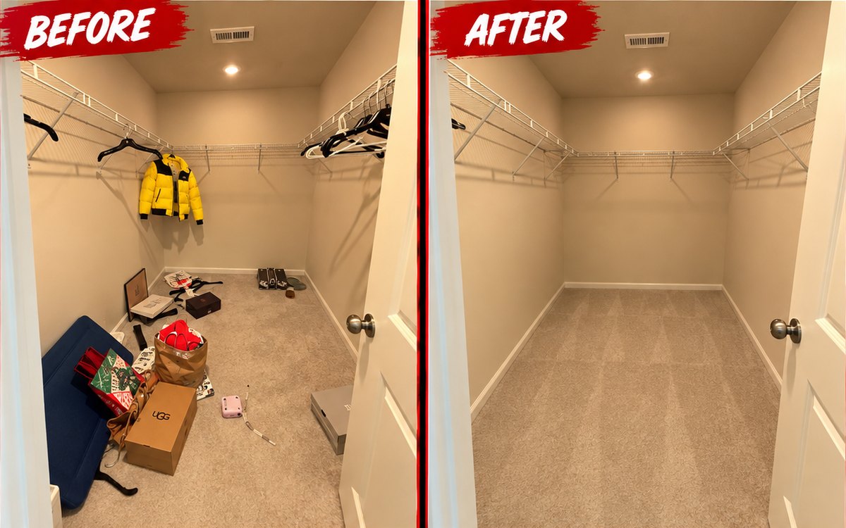 Before and after: a walk-in closet cleared of boxes, bags and hanging clothes down to bare shelving and clean carpet