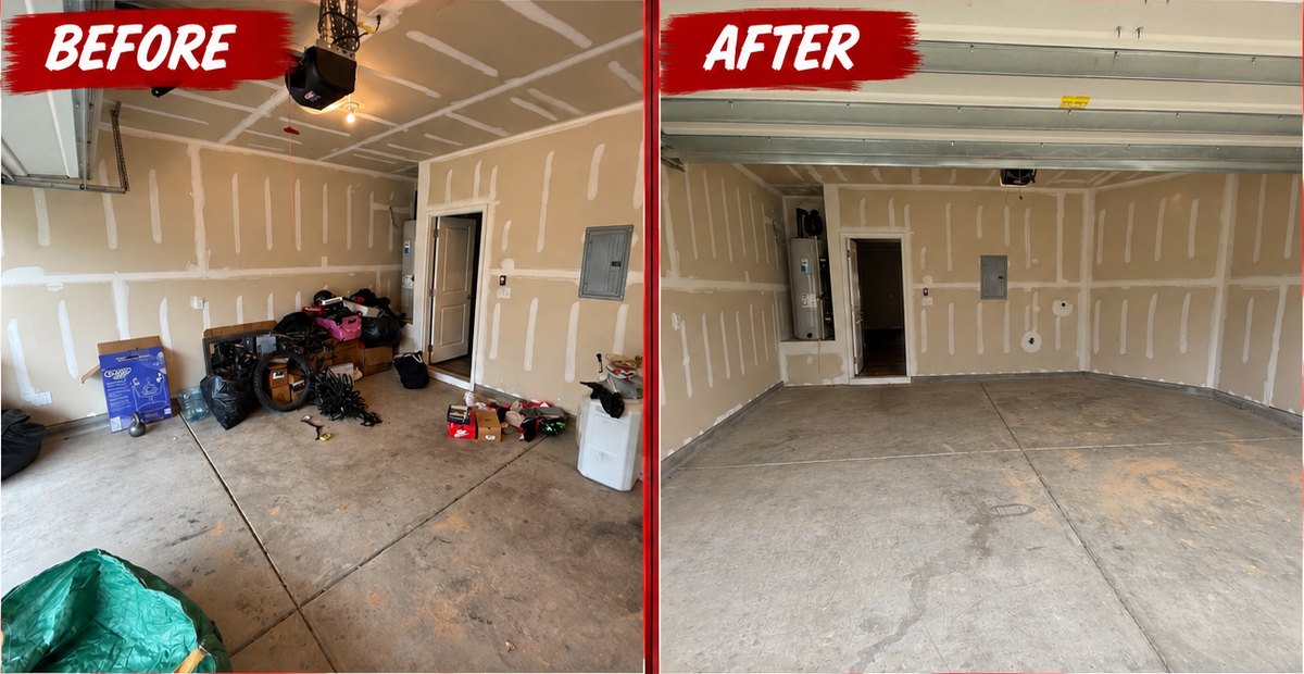 Before and after: a two-car garage cleared of bagged trash, boxes and gear down to a swept concrete floor