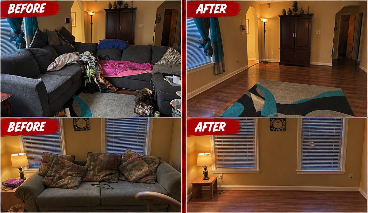 Before and after: a living room cleared of piled bedding, bags and furniture and left open with the floors clean